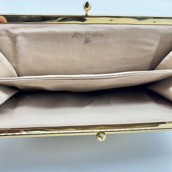 Melton Mel-Ton Beige or Tan Leather & Gold Trim/Kiss Lock VTG Classic Clutch Bag